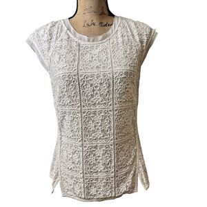 Etcetera Women's White Lace Cap Sleeve Side Slits Lined Top Blouse Sz M